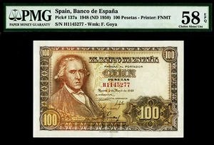 Spain 100 Pesetas 1948 (ND 1950) Pick-137a About UNC PMG 58 EPQ - Picture 1 of 2