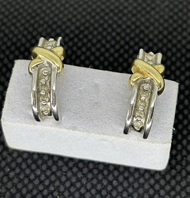 Vintage Classic Real 14k Yellow White Gold J Hoop with Diamonds X Earrings - Image 1 of 4