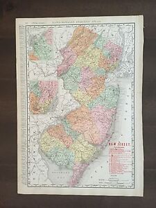 Large 14 1/2" X 20 3/4" COLOR Rand McNally Map of New Jersey-1905