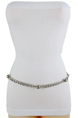 Women Silver Metal Chain Pant Jeans Loop High Waist Hip Belt Ball Charms XL XXL - Image 1 of 4