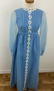 Vintage 60er formelles langes Maxikleid blau Gänseblümchen Brautjungfer Hochzeit Chiffon Krone - Bild 1 von 13