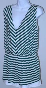 TALBOTS Women's White Green Stripe V Neck Sleeveless Knit Peplum Blouse Sz M - Picture 1 of 6