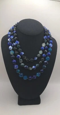 Anthropologie Midnight Blue Beaded Necklace Marbled Glass Beads 3 Strands - Image 1 of 4