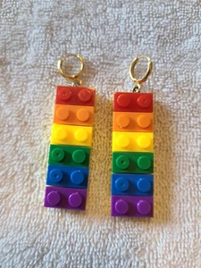 TOY BUILDING BLOCK STYLE  DANGLE PLASTIC EARRINGS PRIDE RAINBOW PIERCED LGBTQIA - Picture 1 of 8