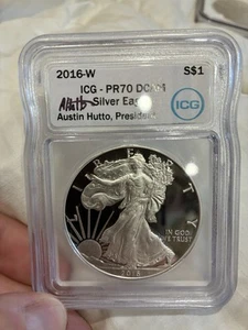 ICG 2016-W Proof 70 Deep Cameo Silver Eagle Austin Hutto President SIGNED - Picture 1 of 5