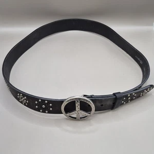 BRIGHTON Peace Sign Belt Hammered Silver Tone Leather Size 40 Studs Boho Hippie - Picture 1 of 6