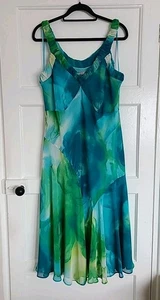 Per Una Blue Green Chiffon Stretch Dress Size 20 Long * - Picture 1 of 4