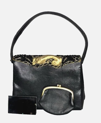 De Colección Años 50 Saks Fifth Avenue Francia Bk Cuero de Reptil Joyas Top Bolso de Mano Cartera Foto 1 de 4