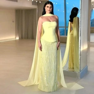 Shinny Yellow Evening Dresses Chiffon Strapless Floor Length Prom Gowns Party - Picture 1 of 9