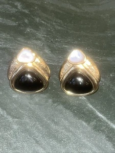 Vintage KYLO (KAI YIN LO) Sterling Vermeil Onyx Mother Of Pearl Pierced Earrings - Picture 1 of 5