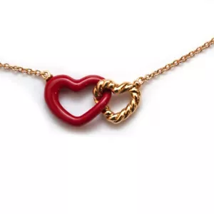 New DAVID YURMAN Double Heart Pendant Necklace in 18K Gold and Red Enamel 18" - Picture 1 of 7