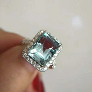 4Ct Emerald Attractive Cut Aquamarine Halo Engagement Ring 14K White Gold Finish - Picture 1 of 6