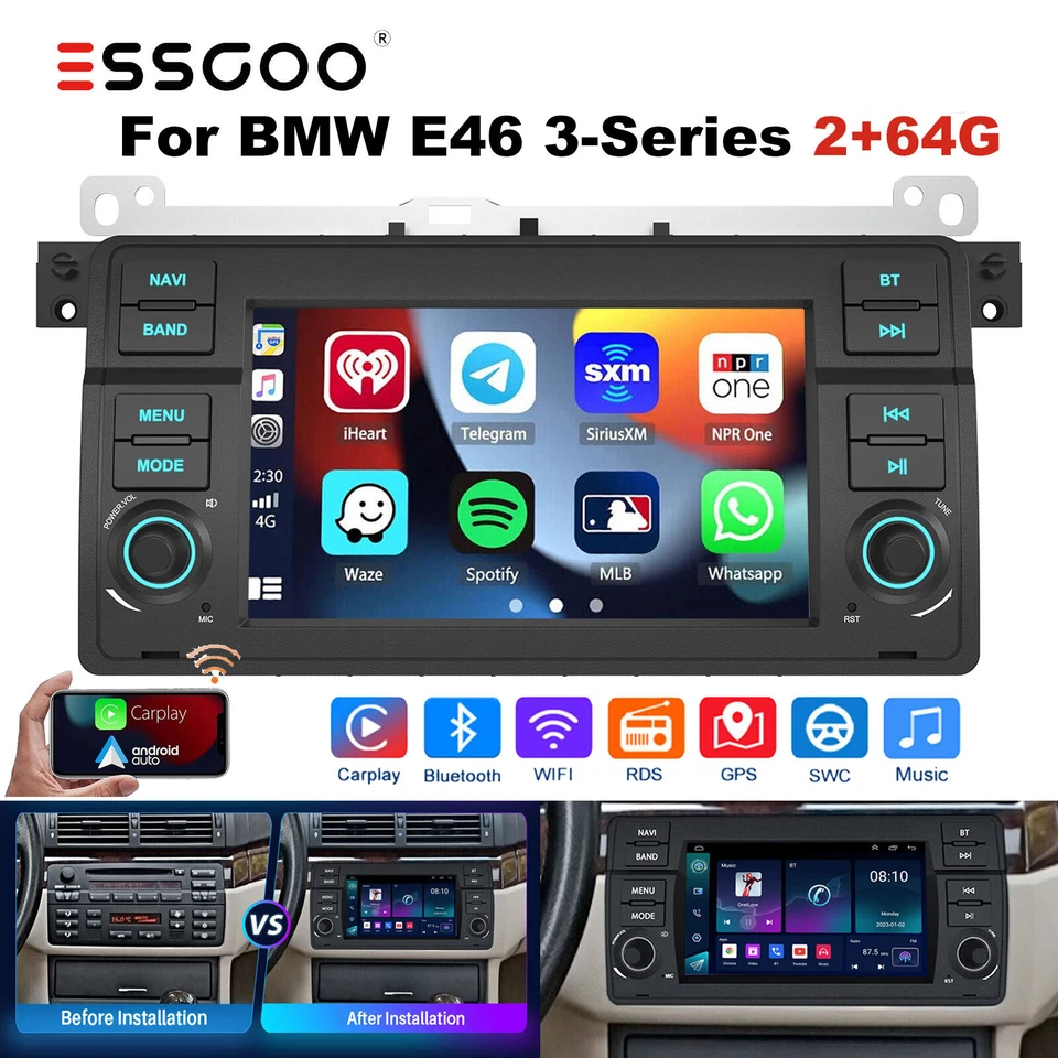 64G Android 13 Apple CarPlay Car Stereo Radio GPS Head Unit For BMW 3 Series E46 - Image 1 of 4