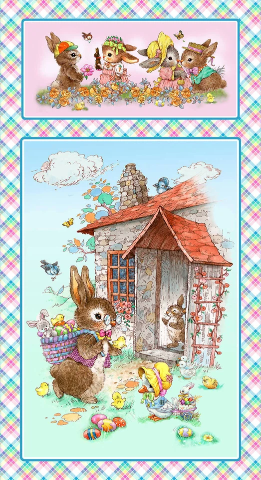 Easter Rabbit Bunny Garden Shed Fabric Bunny Tails Cotton Henry Glass 24" Panel - Image 1 of 1