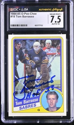 Tom Barrasso 1984-85 O-Pee-Chee Rookie Card #18 w/ HOF OPC CGC 7.5 JSA 10 Auto - Image 1 of 2