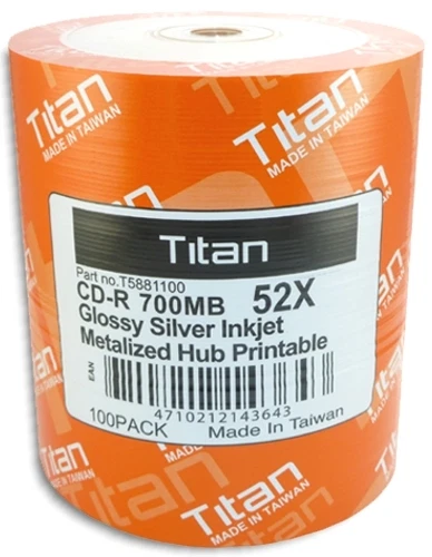 100-Pak =SEMI-GLOSSY= Titan 52X 80-Min Silver Inkjet Hub CD-R's, Titan T5881100 - Image 1 of 1