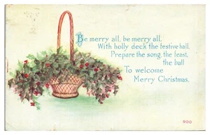 Auguri di Natale 1916, Cesto di Agrifoglio, Piccola Poesia, Cartolina - Foto 1 di 2