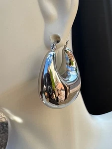 Stainless Steel Silver Color Thick Hoop Lightweight Earrings - Picture 1 of 12