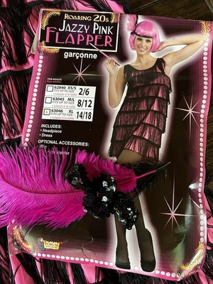 Flapper Women’s Size XL 18-20 Costume Hot Pink Jazzy Dress Gloves Wig Headdress - Image 1 of 4