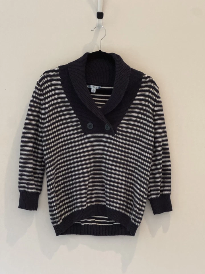 Suéter pulôver feminino Izod GRANDE azul branco colarinho Preppy Academia Classic - Imagem 1 de 4