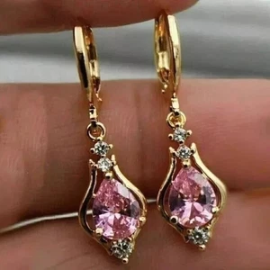 Pear Cut Simulated Pink Sapphire Drop/Dangle Earrings In 14k Yellow Gold Plated - Picture 1 of 5