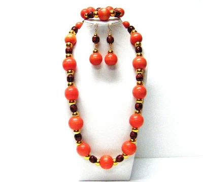 Grueso Redondo Verano Naranja Sol con Cuentas de Madera de Macramé Pintado Floral Cuello/Brazalete/Oreja Foto 1 de 4