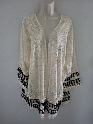 Velzera NWT Lace & Fringe Cardigan Lightweight Cream/Black One Size Foto 1 de 4