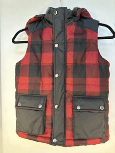 LANDS' END UNISEX READ PLAID VEST W/HOODY SHERPA LINED Size 8- S PERFECT! - Picture 1 of 18
