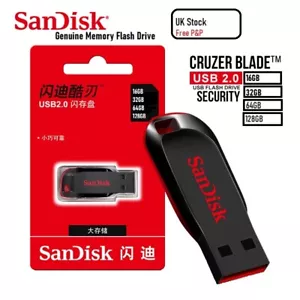 SanDisk Cruzer Blade USB Memory Stick 16GB 32GB 64GB 128GB Flash Drive Storage - Picture 1 of 19