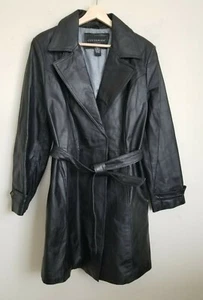 Centigrade Coat Black Leather Collared Snaps Pockets Removable Belt Lined Size L - Picture 1 of 12