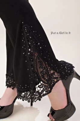 New VOCAL Womens BLACK CRYSTAL CROCHETED LACE PALAZZO LEGGINGS S M L XL 1X 2X 3X - Image 1 of 4
