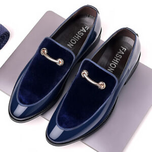 Men Round Toe Velvet Casual Dress Shoes Patent Leather Wedding Loafers Shoes