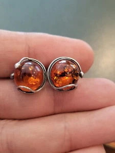 BRILLIANT VINTAGE 925 STERLING SILVER GENUINE AMBER EARINGS - Picture 1 of 14