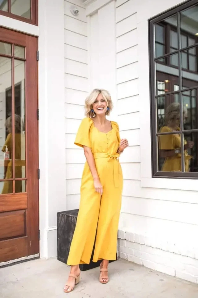 Mono Ann Taylor Lyocell mezcla de lino pierna ancha botones con cinturón amarillo liso 10 Foto 1 de 4