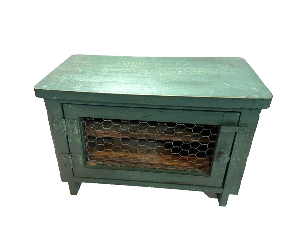 Antique 1920s Mini Pie Safe, Cupboard in Farm, Chicken Wire Door Green - Image 1 of 4