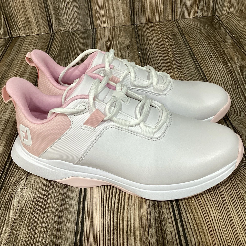 Tênis de golfe FootJoy Prolite FJ couro sem cravos branco rosa feminino 7 LARGO NOVO - Imagem 1 de 4