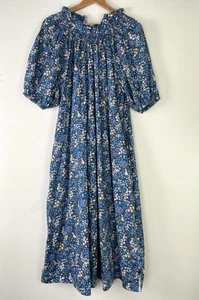 J. Kleid Rundhalsausschnitt blau Blumen Liberty Stoff gesmokter Ausschnitt Puffärmel Größe XL - Bild 1 von 10