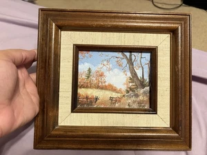 Small Vintage Signed Fall Canvas Painting In Wooden Frame Ready To Hang 7”x6.5” - Picture 1 of 7