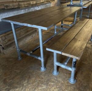 large rustic reclaimed scaffold board table & bench with metal Industrial legs