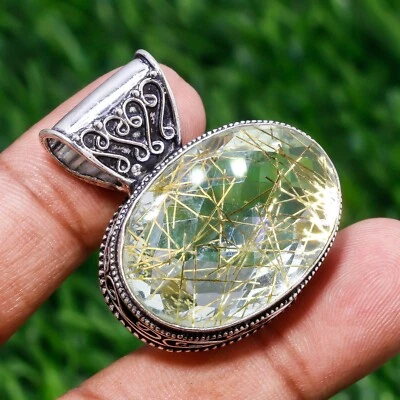 Colgante de joyería hecha a mano de plata 925 con piedras preciosas de cuarzo rutilo dorado de 1,5" Foto 1 de 4