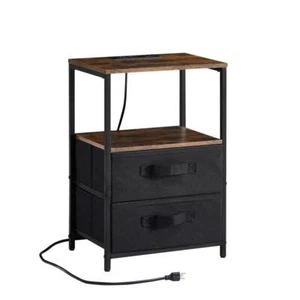 2Drawers End Table with Charging Station Nightstand w/USB Port Outlet&Fabric Bag - Picture 1 of 11