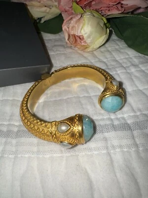 Brazalete brazalete brazalete con bisagras turquesa y perla Julie Vos retirado chapado en oro de 24 k Foto 1 de 4