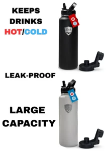 40oz Insulated Hot/Cold Water Bottle w 2 Lids (1 Straw, 1 Chug) Durable Metal - Picture 1 of 16