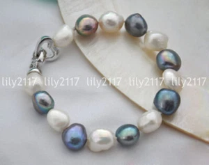 Natural 9-10mm Akoya Baroque White Peacock Black Freshwater Pearl Bracelet 8" - Picture 1 of 3