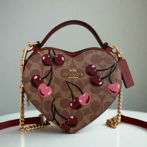 Coach Heart Crossbody Bag Cherry Signature Canvas Leather Brown CY706 OGPKG - Picture 1 of 10