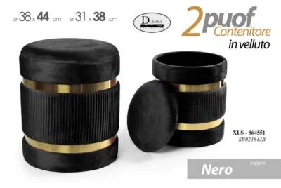 2 POUF CILINDRICO CONTENITORE MODERNO POGGIAPIEDI SGABELLO VELLUTO NERO ORO - Immagine 1 di 3