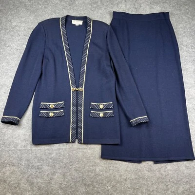 St John Marie Gray Santana Knit Maxi Skirt Suit Cardigan Sz M | 6 Navy Blue Gold - Image 1 of 4