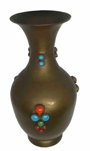 Spanish Gilt Bronze Vase Red Blue Green Turquoise Stones 6 Inches - Picture 1 of 11