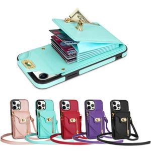 Hülle für iPhone 15 14 13 Pro 12 11 Leder Kartenfach Cover mit Band Handykette - Zdjęcie 1 z 57