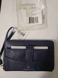London Fog Wallet Navy Blue Pebble Felicity 3 Side Zip Arround Wristlet Phone Po - Picture 1 of 8